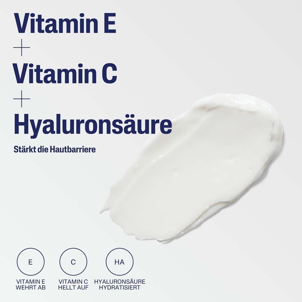 Weißer Creme-Klecks. Text: Vitamin E + Vitamin C + Hyaluronsäure. Stärkt die Hautbarriere. E, C, HA Symbole.