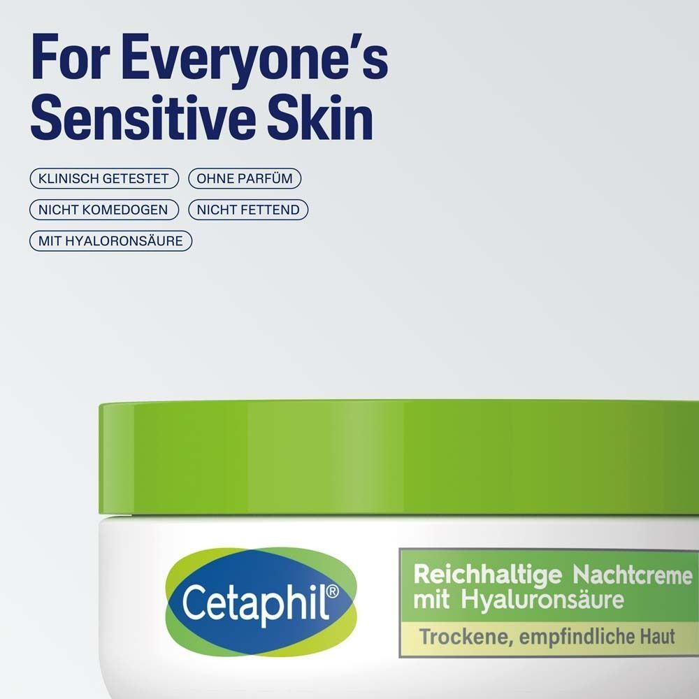Tiegel CETAPHIL Nachtcreme. Grüner Deckel, weißer Tiegel. Text: Für empfindliche Haut. Klinisch getestet, ohne Parfum.