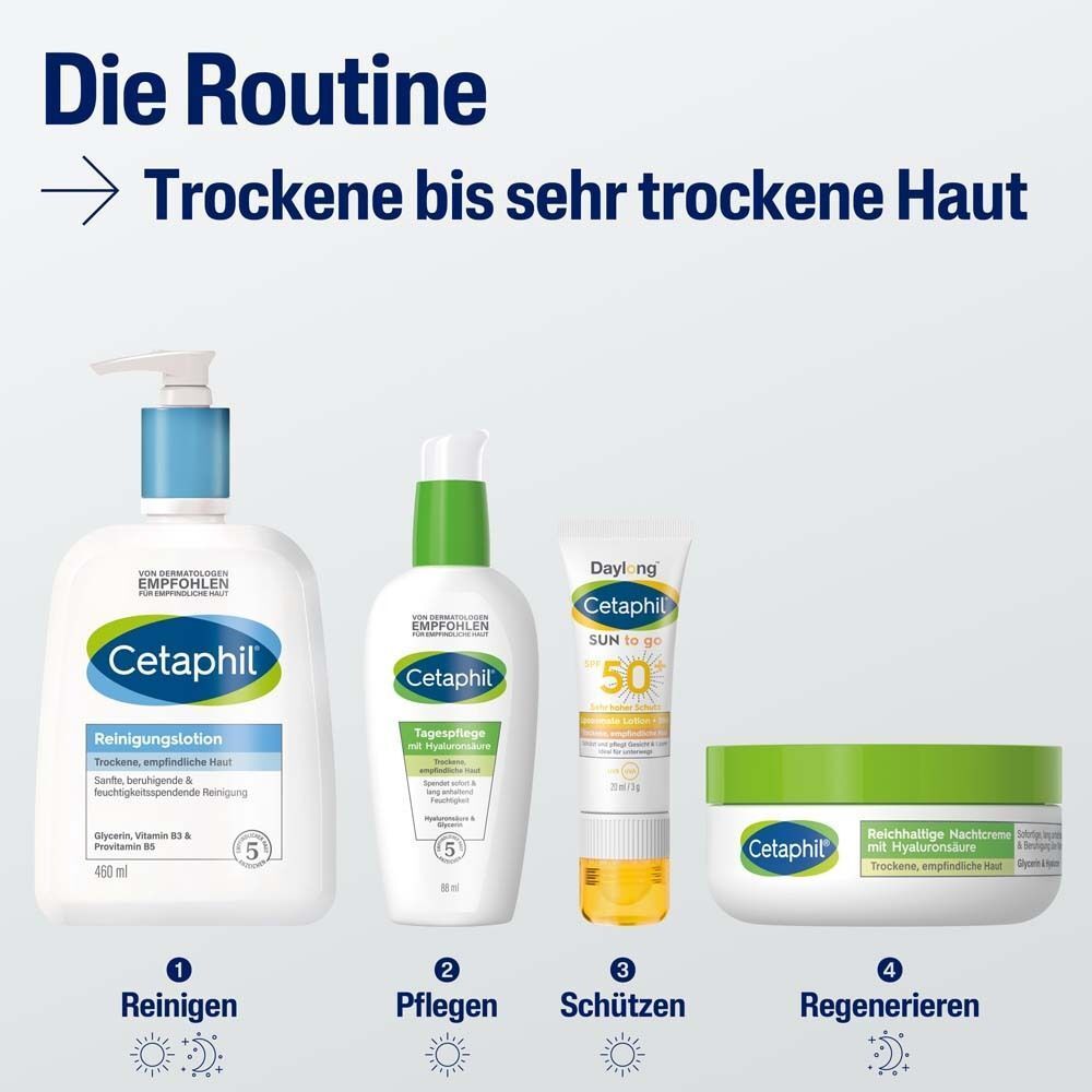 Vier Produkte: Reinigungslotion, Tagespflege, Sonnencreme, Nachtcreme. Text: Reinigen, Pflegen, Schützen, Regenerieren.