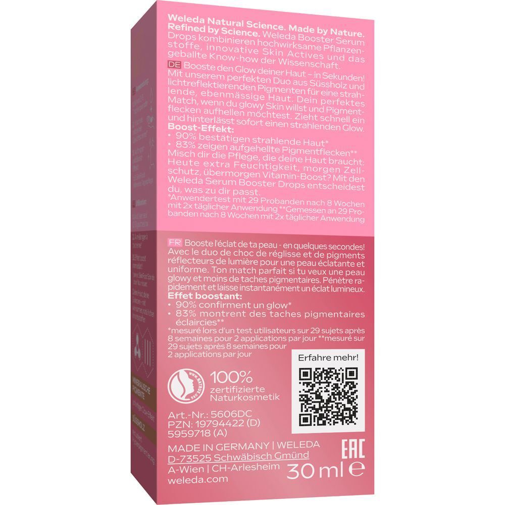 Rückseite der Verpackung von WELEDA Glow Perfecting Serum Drops. Text mit Produktinformationen, Inhaltsstoffen und Zertifizierung.