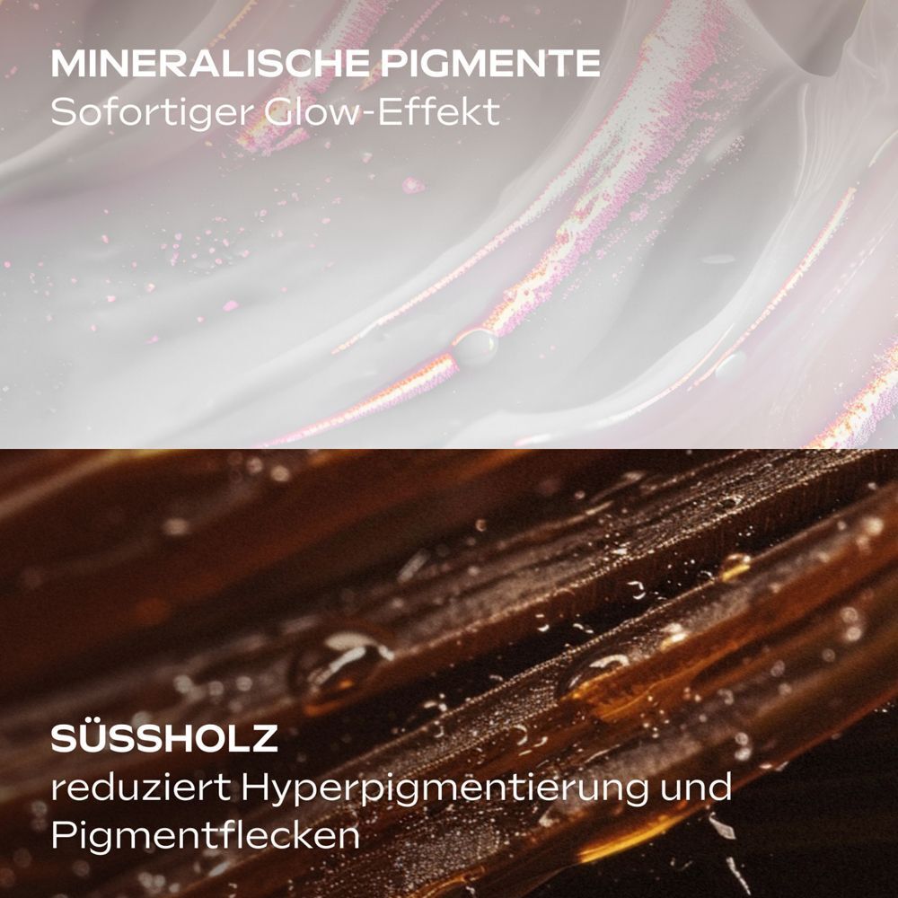 Nahaufnahme von Mineralpigmenten und Süßholz. Text: Mineralische Pigmente, sofortiger Glow-Effekt. Süßholz reduziert Hyperpigmentierung.