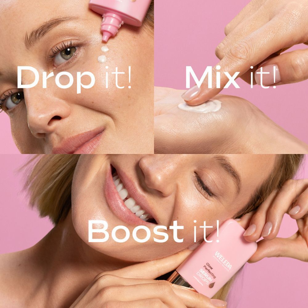 Drei Bilder zeigen die Anwendung von WELEDA Glow Perfecting Serum Drops. Tropfen, mischen, auftragen.