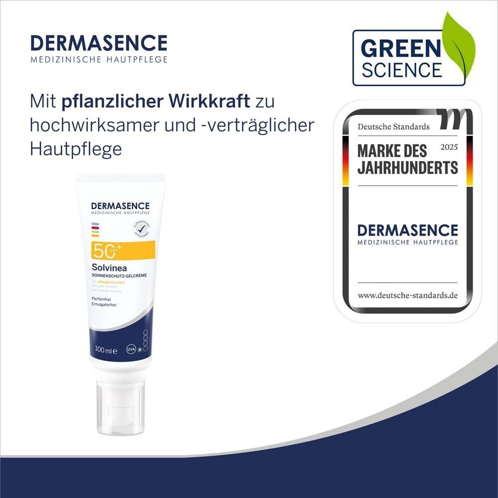 DERMASENCE Solvinea Sonnenschutz-Gelcreme LSF 50+ und Auszeichnung 'Marke des Jahrhunderts'. Grün-weiße Verpackung, Text und Logo.