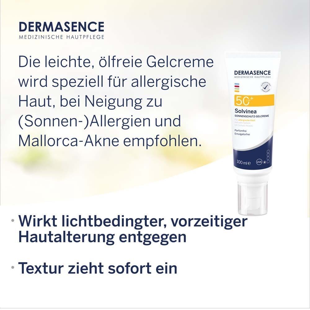 DERMASENCE Solvinea Sonnenschutz-Gelcreme LSF 50+. Text: Für allergische Haut empfohlen. Wirkt vorzeitiger Hautalterung entgegen. 100 ml Tube.