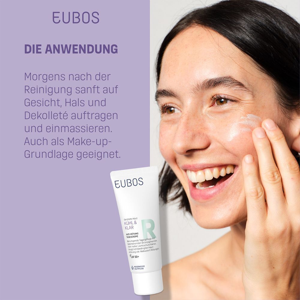 Frau trägt EUBOS Kühl & Klar Anti-Rötung Tagescreme LSF 50+ auf. Anwendungshinweis.
