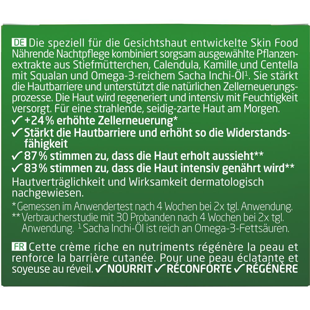 Text auf grünem Hintergrund. Informationen zur WELEDA Skin Food Nachtpflege. Vorteile: Stärkt die Hautbarriere, +24% erhöhte Zellerneuerung.