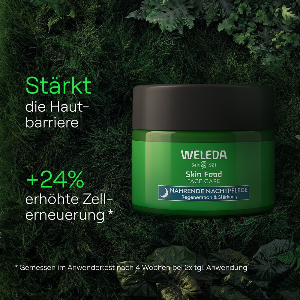 Grüner Tiegel WELEDA Skin Food Nachtpflege auf grünem Hintergrund. Aufschrift: Skin Food Face Care, Nährende Nachtpflege. +24% erhöhte Zellerneuerung.