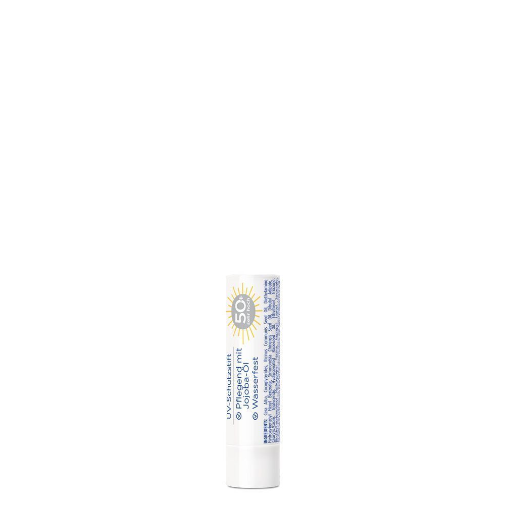 Weißer Lippenpflegestift mit Aufschrift "UV-Schutzstift" und LSF 50+.