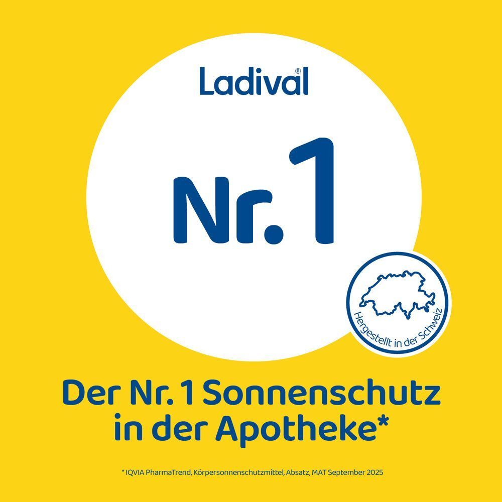 Gelber Hintergrund mit weißem Kreis. "Nr. 1" und "LADIVAL" Schriftzug. Schweizer Flagge.