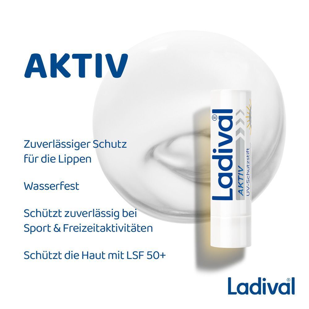 Weißer Lippenpflegestift mit "LADIVAL AKTIV" Aufschrift. Text: "Zuv. Schutz für die Lippen".