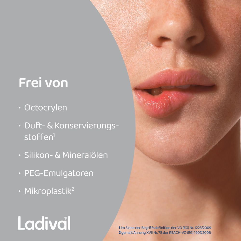 Lippen einer Frau. Text: "Frei von" und Aufzählung von Inhaltsstoffen. "LADIVAL" Schriftzug.