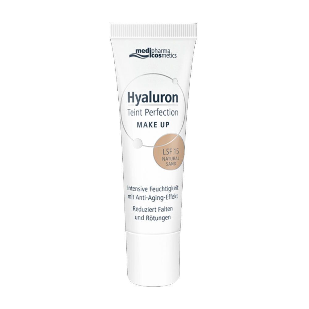 Tube HYALURON TEINT Perfection Make-up, natural sand. Weißer Tube mit Produktnamen und LSF 15. Text: Mit pharmazeutischem Hyaluron.