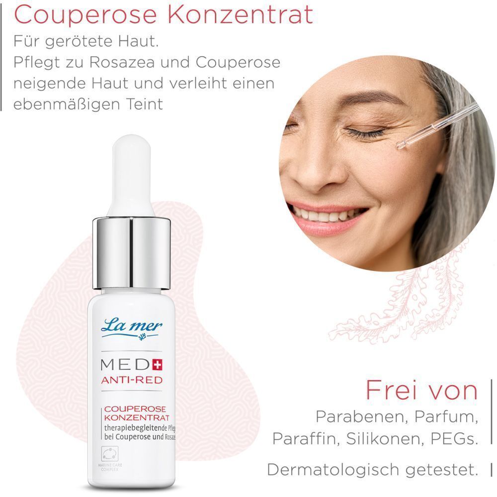 La mer MED+ Anti-Red Couperose Konzentrat. Frau trägt das Produkt auf. Frei von Parabenen, Parfum, Paraffin, Silikonen, PEGs. Dermatologisch getestet.