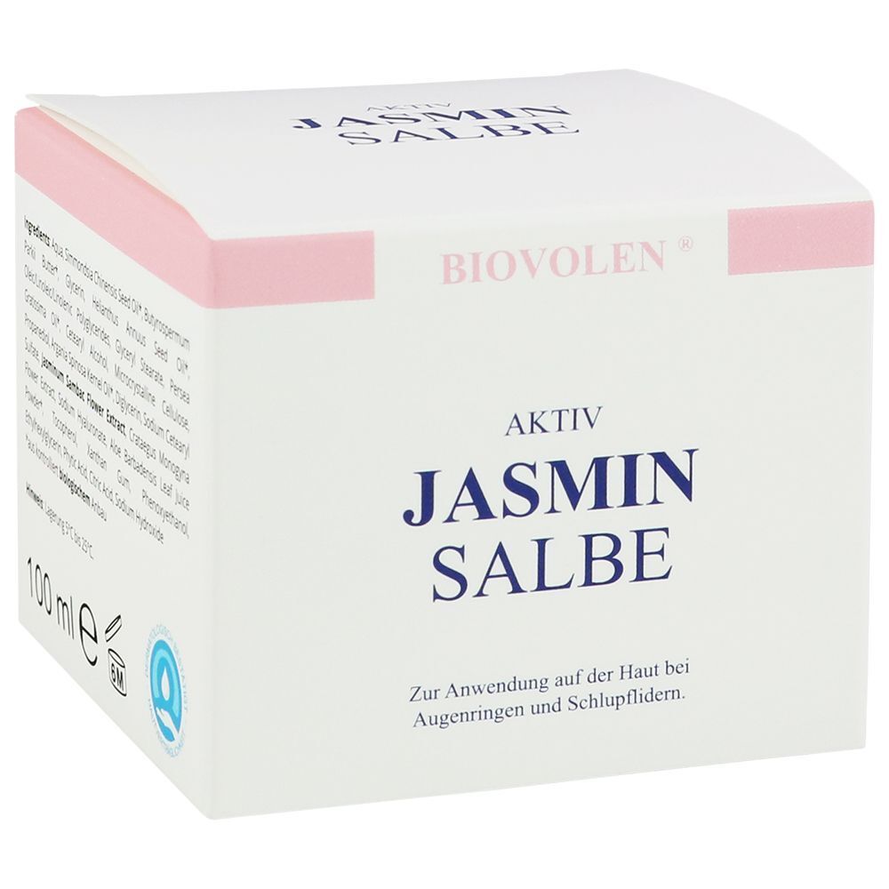Weiße Verpackung mit rosa Akzenten. Aufschrift: BIOVOLEN Aktiv Jasmin Salbe. Text über Anwendung.