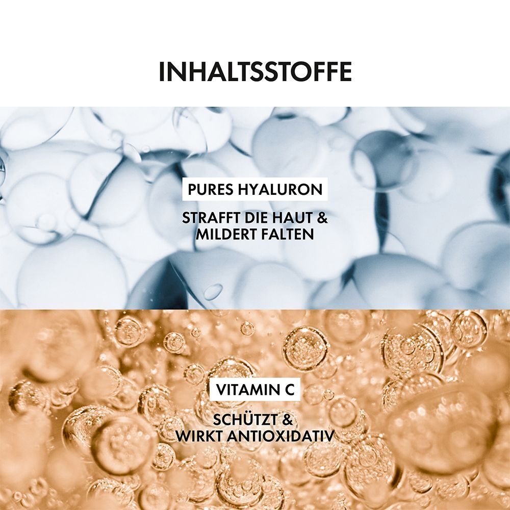 Grafische Darstellung von Inhaltsstoffen. Pures Hyaluron, Vitamin C. Text: Strafft die Haut & mildert Falten, Schützt & wirkt antioxidativ.