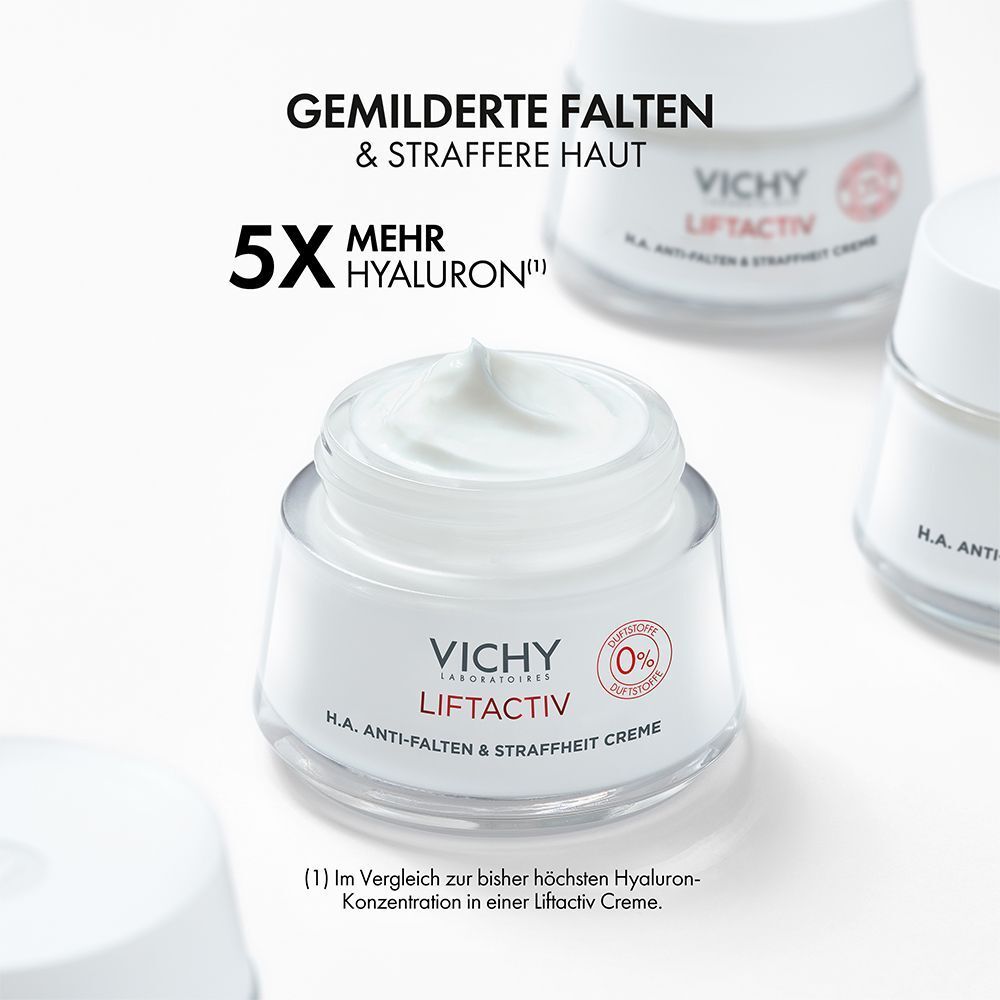 Drei Tiegel Creme. Aufschrift: VICHY LIFTACTIV, Anti-Falten & Straffheit Creme. Text: 5x mehr Hyaluron.