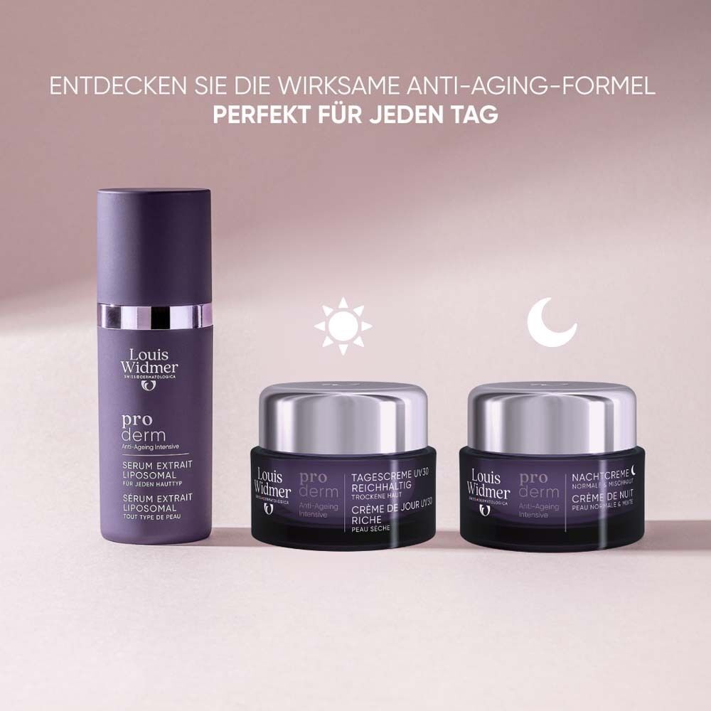 Drei Produkte: Serum, Tagescreme, Nachtcreme. Text: Entdecken Sie die wirksame Anti-Aging-Formel.
