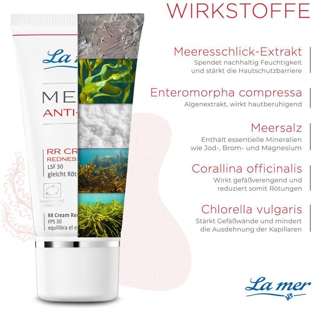Aufgeschnittene Tube La mer MED+ Anti-Red. Inhaltsstoffe: Meeresschlick-Extrakt, Enteromorpha compressa, Meersalz, Corallina officinalis, Chlorella vulgaris.