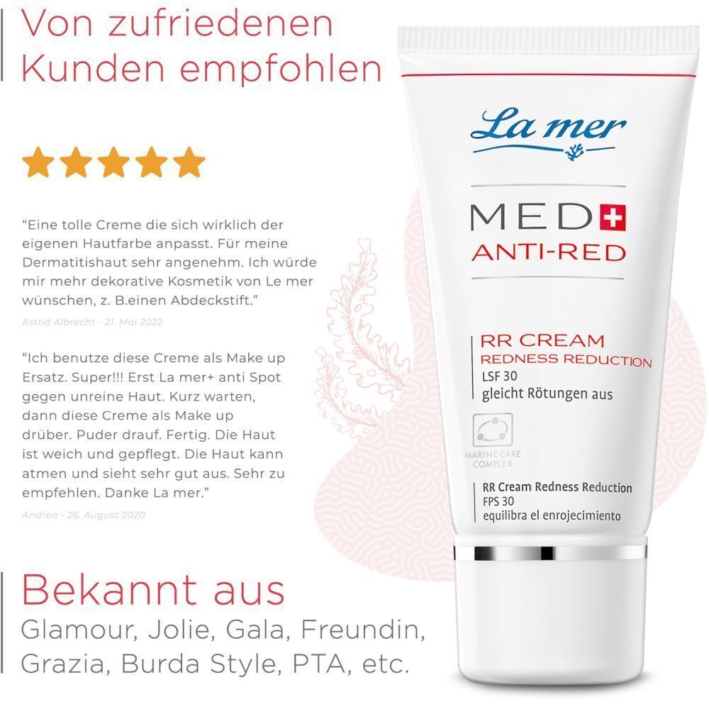 La mer MED+ Anti-Red RR Cream. Weiße Tube mit blauer Schrift und rotem Plus. Text: Von zufriedenen Kunden empfohlen.