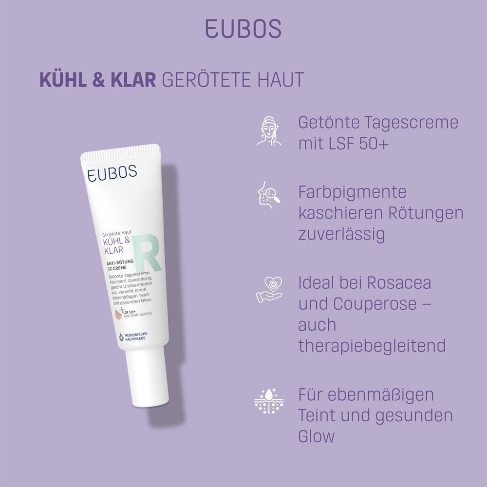 Produkt-Tube EUBOS KÜHL & KLAR Anti-Rötung CC Creme LSF 50. Text: Getönte Tagescreme mit LSF 50+. Hilft bei Rosacea.