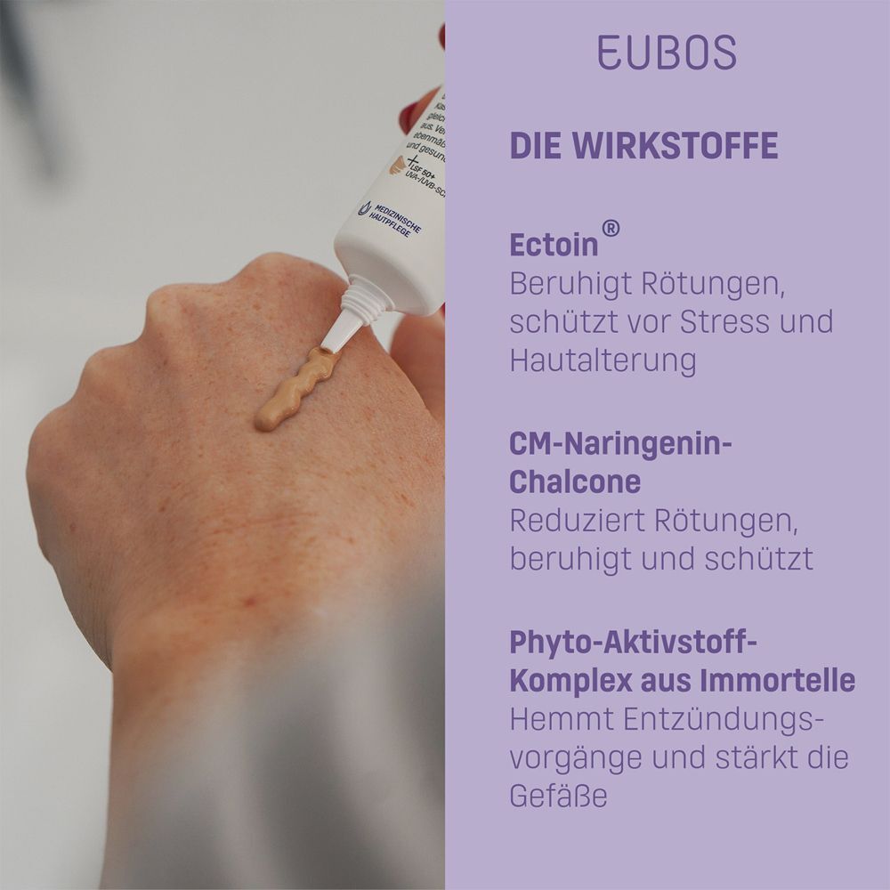 Produkt wird auf Hand aufgetragen. Text: Wirkstoffe: Ectoin, CM-Naringenin-Chalcone, Phyto-Aktivstoff-Komplex.
