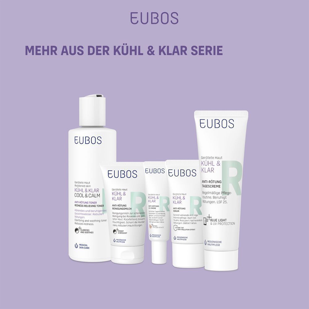 Verschiedene Produkte der KÜHL & KLAR Serie von EUBOS. Produkte: Reinigung, Serum, CC Creme, Tagescreme.