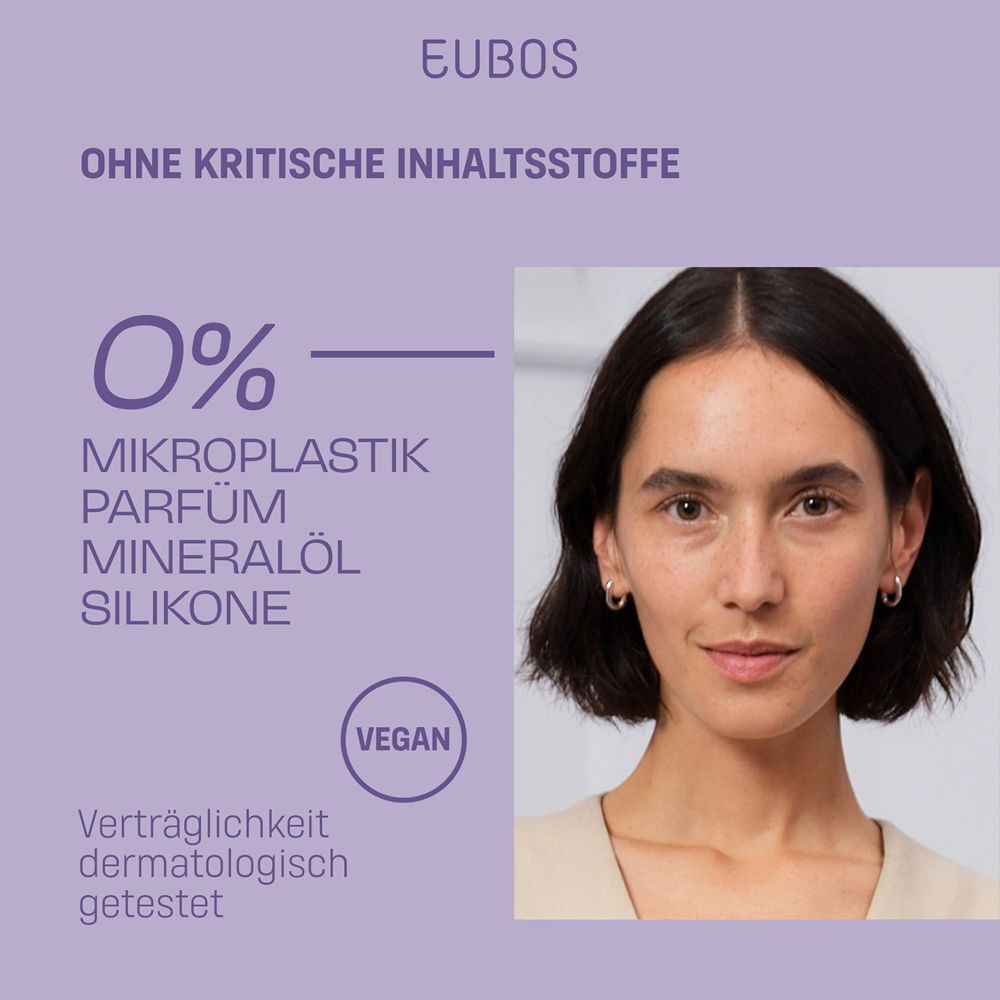 Porträt einer Frau. Text: 0% Mikroplastik, Parfum, Mineralöl, Silikone. Vegan. Dermatologisch getestet.