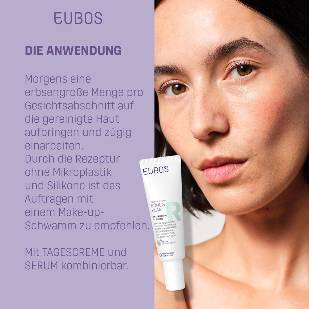 Frau trägt Produkt auf. Text: Anwendung: Erbsengroße Menge auf gereinigte Haut auftragen. Ohne Mikroplastik und Silikone.