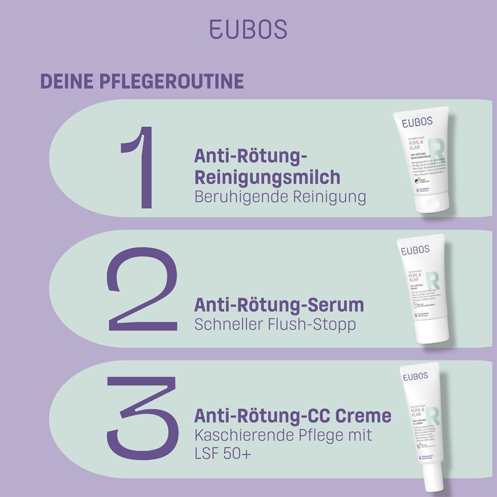 Pflege-Routine: Anti-Rötung Reinigungsmilch, Anti-Rötung Serum, Anti-Rötung CC Creme LSF 50+.