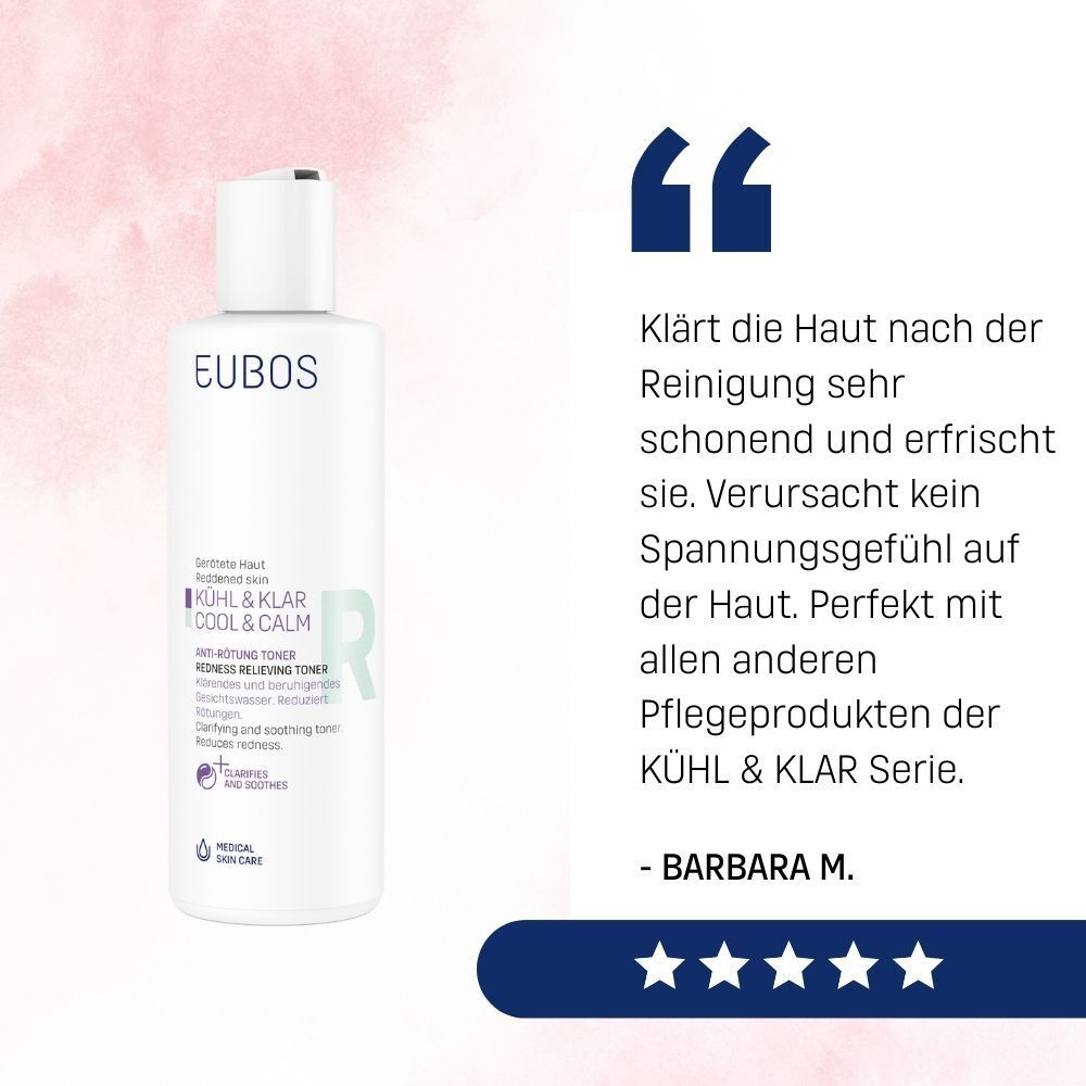 EUBOS KÜHL & KLAR Anti-Rötung Toner Flasche. Zitat: Klärt die Haut sehr schonend. Perfekt mit anderen Pflegeprodukten.