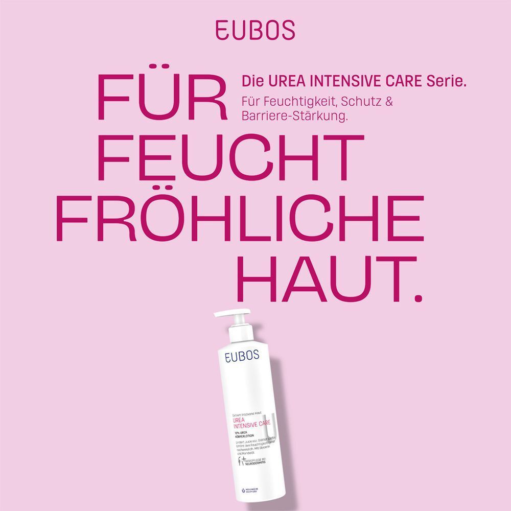 Rosa Hintergrund mit Text: FÜR FEUCHT FRÖHLICHE HAUT. Darunter eine Flasche mit weißem Pumpkopf. Aufschrift: EUBOS.