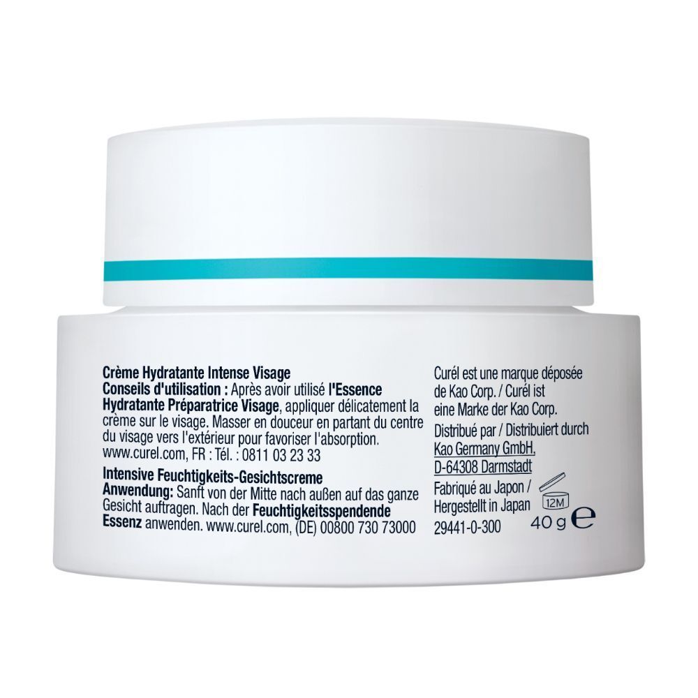 Rückseite des CUREL Intensive Feuchtigkeits-Gesichtscreme-Tiegels. Text: Creme Hydratante Intense Visage, Intensive Feuchtigkeits-Gesichtscreme. 40g.