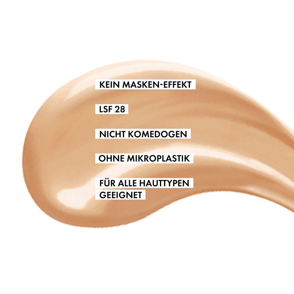 Produkt-Ausstrich. Text: Kein Masken-Effekt. LSF 28. Nicht komedogen. Ohne Mikroplastik. Für alle Hauttypen geeignet.
