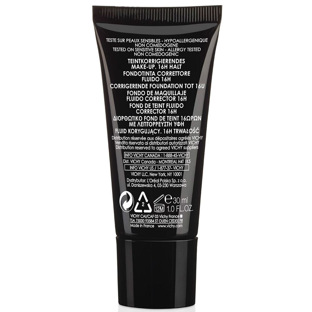 Rückseite einer schwarzen Tube. Text: Getestet auf empfindlicher Haut. Nicht komedogen. 30 ml. Logo: VICHY. Informationen zur Herstellung.