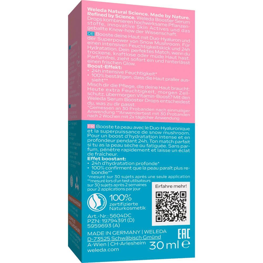 Rückseite der Verpackung. Text in Deutsch und Französisch. Zertifizierungslogo, QR-Code und Produktinformationen. 30 ml.