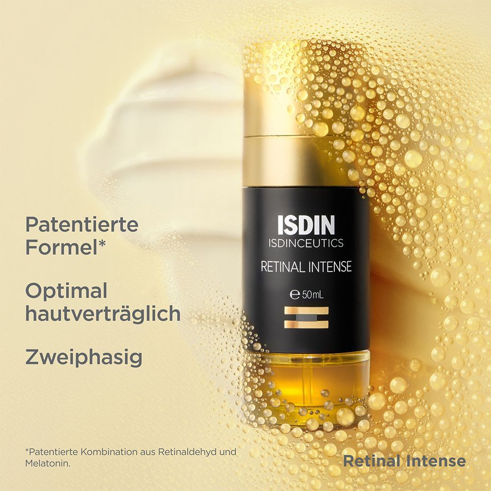 Isdinceutics Retinal Intense. Text: Patentierte Formel, optimal hautverträglich, zweiphasig.