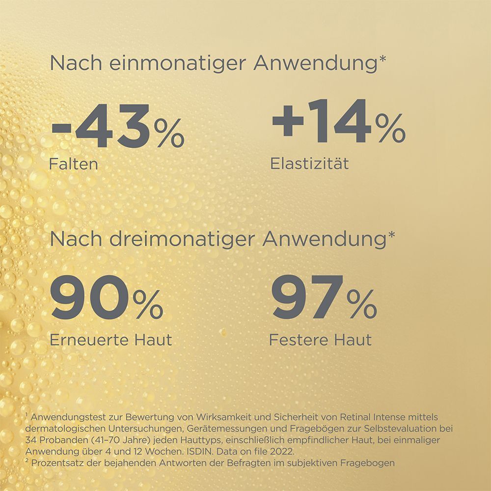 Text: Ergebnisse nach ein- und dreimonatiger Anwendung. Reduzierung von Falten und Verbesserung der Hautelastizität.