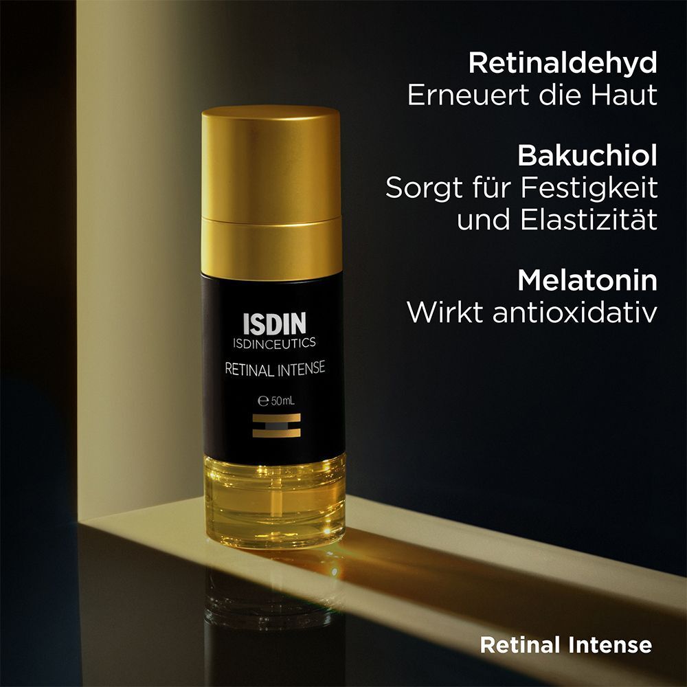 Isdinceutics Retinal Intense. Text: Retinaldehyd, Bakuchiol, Melatonin.