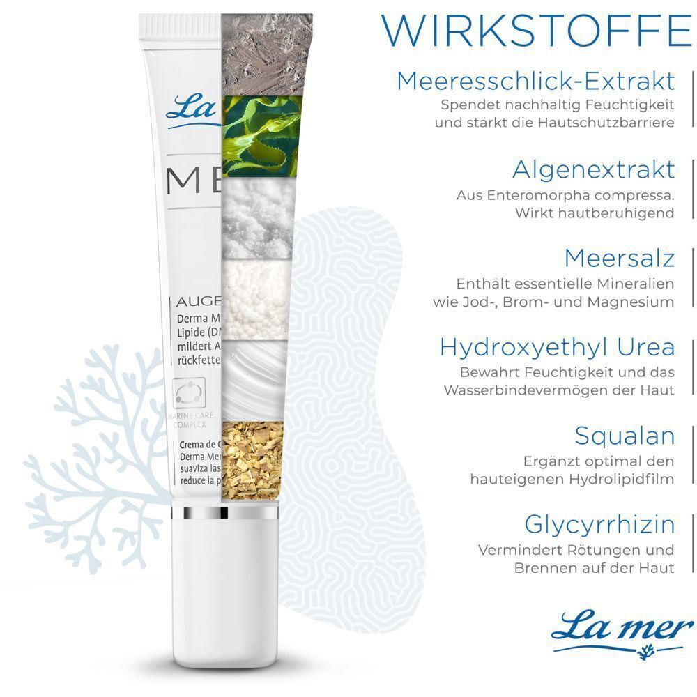 Aufgeschnittene Tube Augencreme mit Inhaltsstoffen: Meeresschlick-Extrakt, Algenextrakt, Meersalz, Hydroxyethyl Urea, Squalan, Glycyrrhizin. La mer Logo.