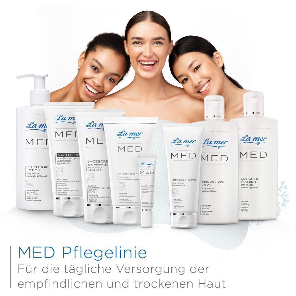 Verschiedene La mer MED Produkte. Text: MED Pflegelinie. Für die tägliche Versorgung der empfindlichen und trockenen Haut. La mer Logo.