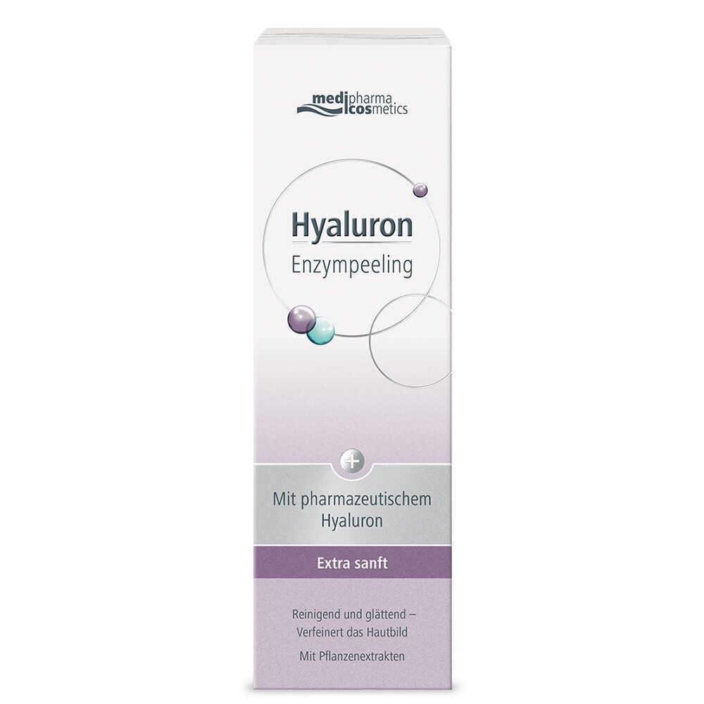 Verpackung von HYALURON ENZYMPEELING. Weiße Schachtel mit lila und türkisen Dekorationen. Text: Hyaluron Enzympeeling, Extra sanft.