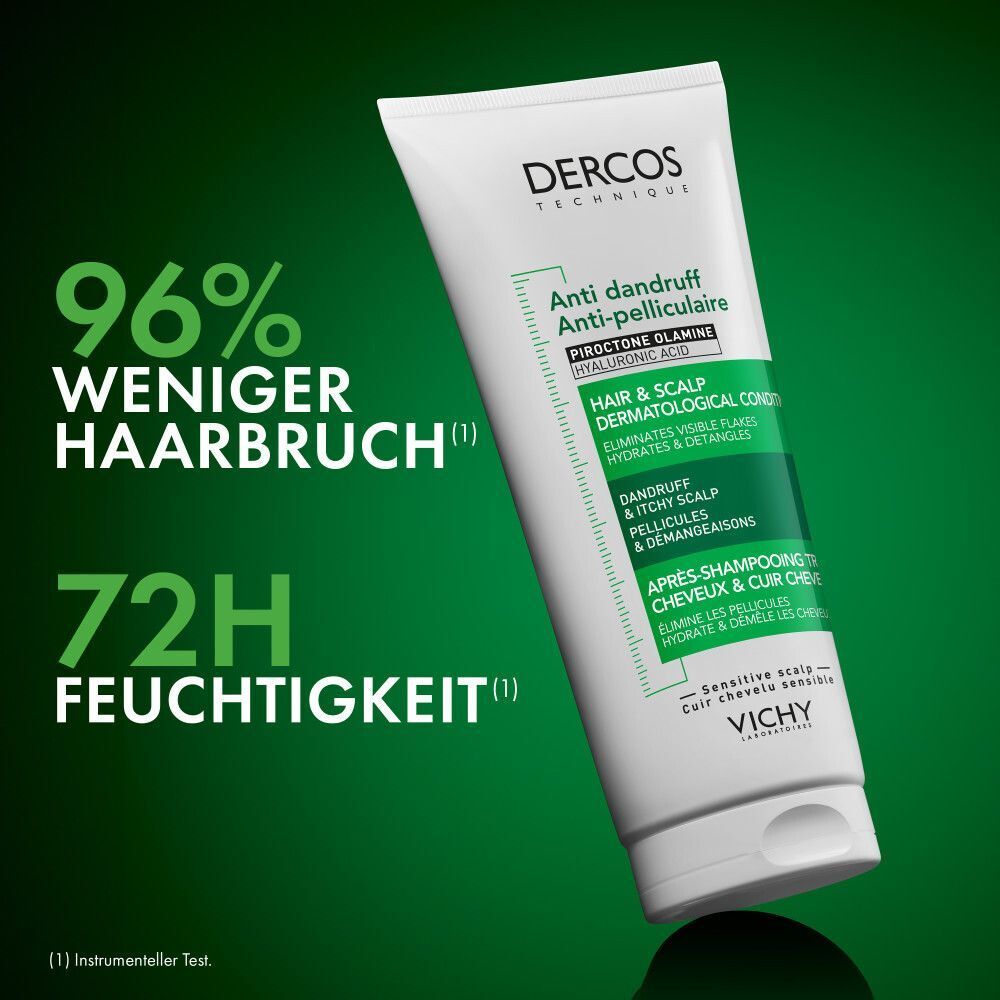 Tube VICHY DERCOS Anti-Schuppen Conditioner. Weiß, grün. Text: 96% weniger Haarbruch, 72h Feuchtigkeit.