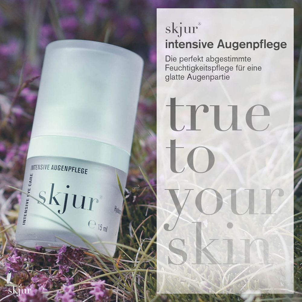 Augenpflege Creme in einer transparenten Flasche. Auf der Flasche steht "skjur". Text: Intensive Augenpflege.
