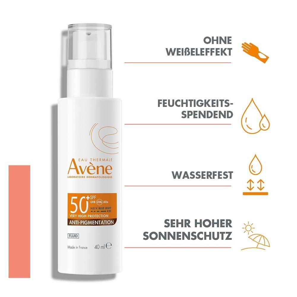 Weiße Flasche mit Pumpverschluss. Aufschrift: AVENE, 50+ SPF, Anti-Pigmentation, Fluid. Text: Ohne Weißeleffekt, feuchtigkeitsspendend, wasserfest, sehr hoher Sonnenschutz. 40 ml.