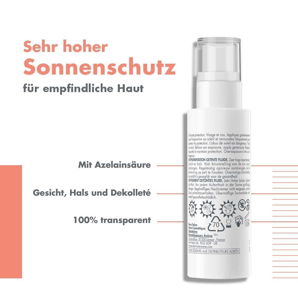 Rückseite einer weißen Flasche mit Pumpverschluss. Text: Sehr hoher Sonnenschutz für empfindliche Haut. Mit Azelainsäure. Gesicht, Hals und Dekolleté. 100% transparent.