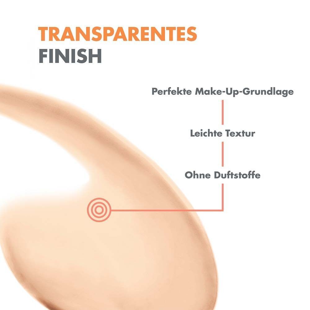 Text: Transparentes Finish. Perfekte Make-Up-Grundlage. Leichte Textur. Ohne Duftstoffe. Farbton.
