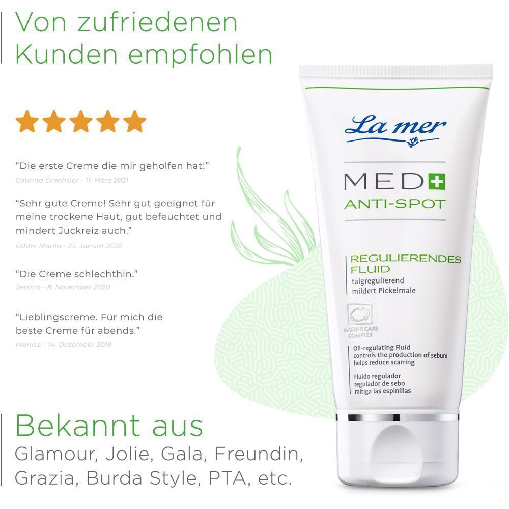 Tube LA MER MED+ Anti-Spot Fluid mit Kundenbewertungen. Fünf Sterne. Bekannt aus Glamour, Jolie, Gala, etc.