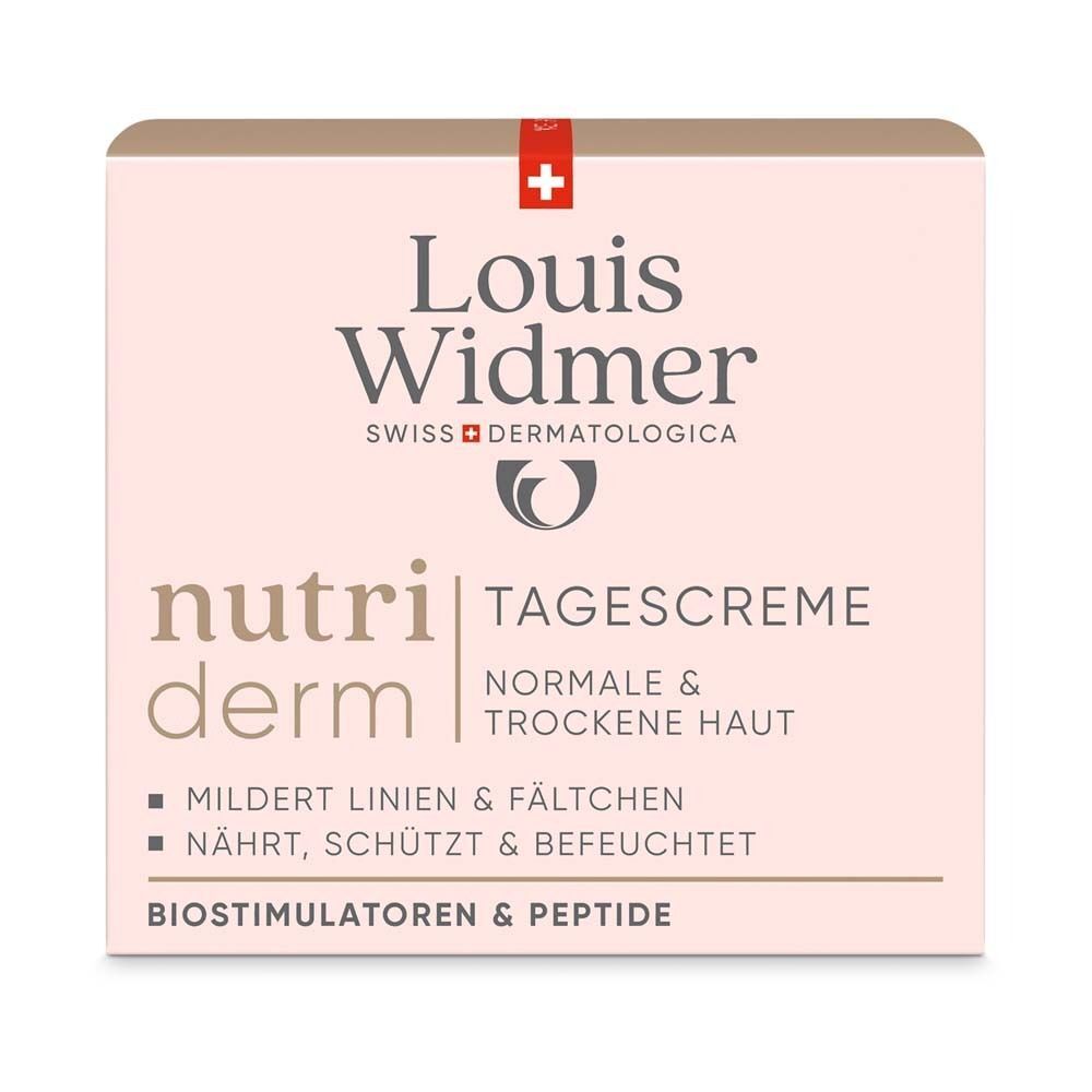Verpackung mit Produktinformationen. Aufschrift: Louis Widmer, nutriderm, Tagescreme, für normale und trockene Haut.