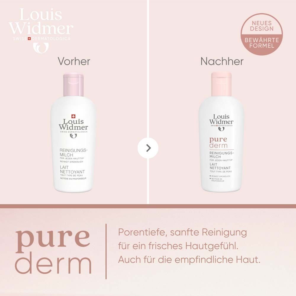 Vergleich von Louis Widmer purederm Reinigungsmilch. Links: altes Design. Rechts: neues Design. Text: Bewährte Formel, porentiefe Reinigung.