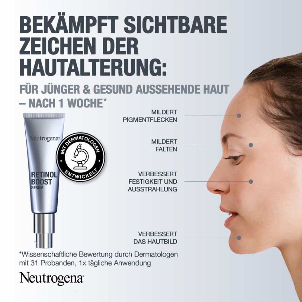 Produkt und Gesichtsprofil. Text: Bekämpft Zeichen der Hautalterung. Zertifizierung. Neutrogena Retinol Boost Serum.